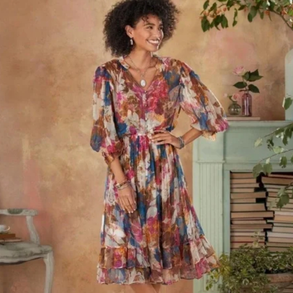 Sundance Floral Midi Dress in Multicolor (pink, blue, brown)